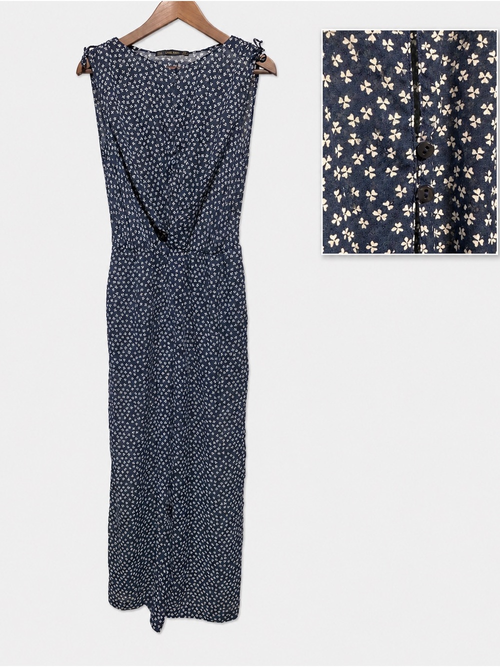 Zara Navy Floral Wide Leg Jumpsuit Semi Sheer Tie Shoulder Small Boho